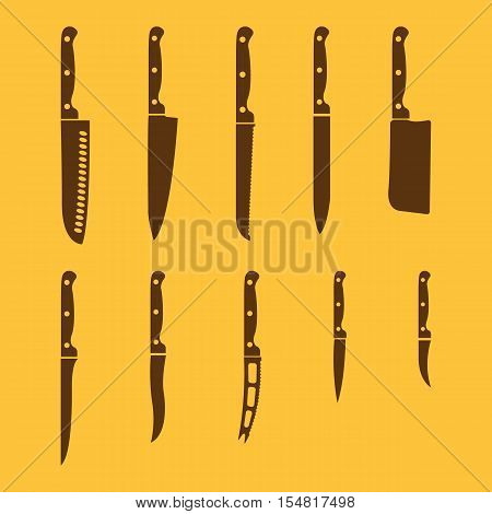 The knife icon, set of 10 icons. Knife and chef, kitchen symbol.UI. Web. Logo. Sign. Flat design. App. Stock vector
