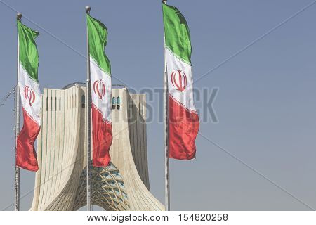 Teheran, Iran - October 03, 2016: Azadi Tower With Flasgs Of Iran, Tehran, Iran