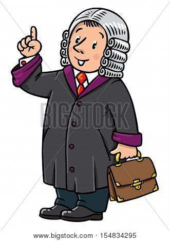 Children vector illustration of funny judge. A man in barrister wig, dressed in mantle, with briefcase understand thumbs up. Profession series.