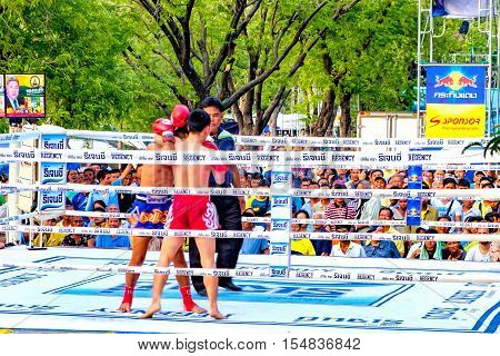 Bangkok, Thailand - December 4, 2015: Unidentified traditional Muay Lao boxer at a traditional tournament during the celebration of the King Rama 9 birthday at public square Sanam Luang.