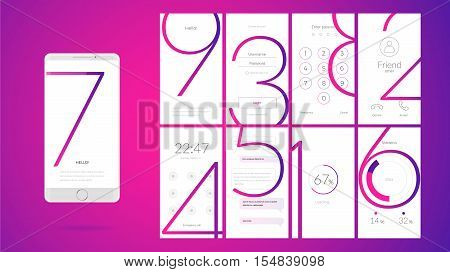 Modern UI GUI screen vector design for mobile app with UX and flat web icons. Wireframe kit for Lock Screen Login page Enter Passcode User call Application Loading Text Messages and Stats Chart.