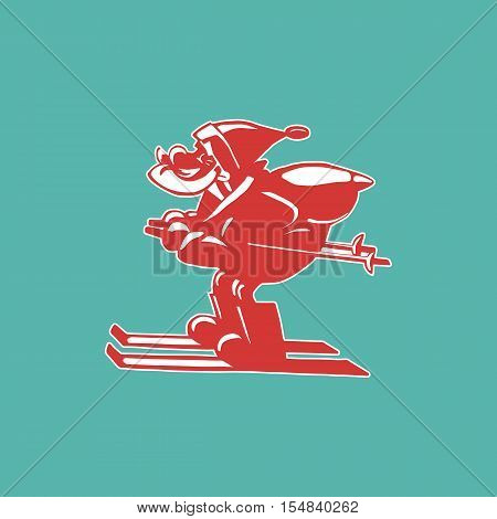 Santa Claus Cartoon character. Father Christmas on ski carrying sack with gifts. Freehand man silhouette. Xmas holiday symbol. Template for happy new year card. Vector Illustration