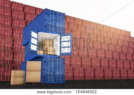 3D rendering : illustration of stacked blue container with cardboard boxes inside the container against red container wall in background business export import concept.