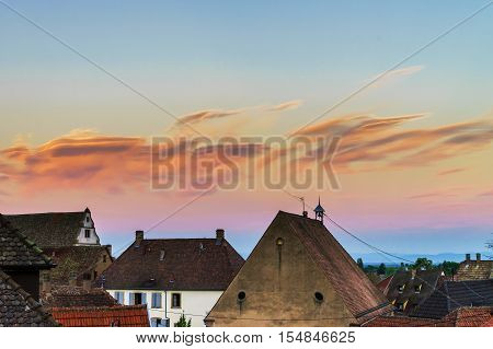 Colorful sunset over the little french village Andlau