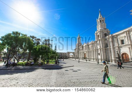 AREQUIPA PERU NOVEMBER 9: Main square of Arequipa with church on november 9  2015 in Arequipa Peru. Arequipa's Plaza de Armas is one of the most beautiful in Peru.