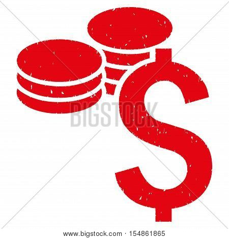 Dollar Coins grainy textured icon for overlay watermark stamps. Flat symbol with unclean texture. Dotted vector red ink rubber seal stamp with grunge design on a white background.
