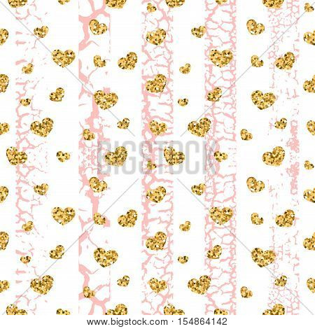Gold grunge hearts craquelure stripes seamless pattern. Golden glitter confetti. White and pink background. Love Valentine day wedding design card wallpaper wrapping textile Vector Illustration