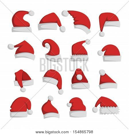 Just red christmas santa hat at white background. Cold x-mas symbol fluffy santa christmas hat. Winter white fluffy fur holiday santa christmas hat traditional snow fuzzy accessory.