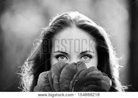 girls aye with leaves black and white