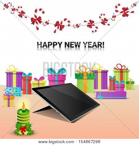 Decorated Workplace Tablet Computer Happy New Year Internet Christmas Sale Decoration Flat Vector Illustration