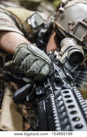 United states army ranger machine gunner in the forest