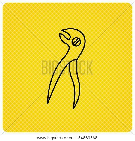 Dental pliers icon. Stomatological forceps tool sign. Linear icon on orange background. Vector