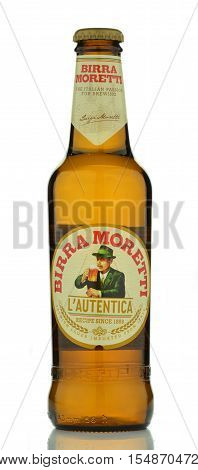 CIRCA SEPTEMBER 2016 - GDANSK: Birra Moretti beer isolated on white background. Birra Moretti was an Italian brewing company, founded in Udine in 1859 by Luigi Moretti. In 1996 the company was acquired by Heineken International.