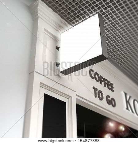 Squard signboard mock-up on blurred beige cafe fasad background.3d model illustration render.