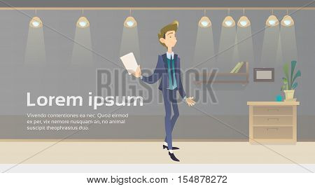Successful Business Man Hold Contract Document Office Interior Make Step Flat Vector Illustration