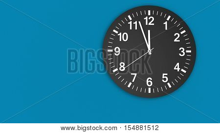 Clock face on a blue wall with clean design showing almost midday hour 3D illustration.