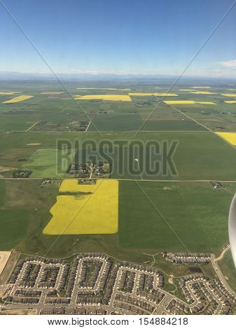 Aerial view of canola farm fields, city roads and buildings.  Text 