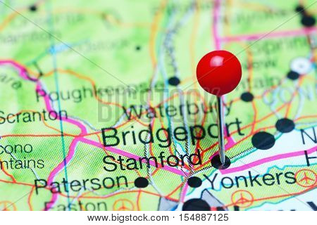 Stamford pinned on a map of Connecticut, USA