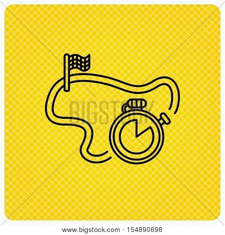 Race road icon. Finishing flag with timer sign. Linear icon on orange background. Vector