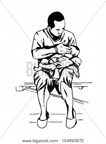 a hand drawn sketch of a father holding a baby in his arm