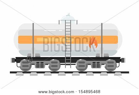 Railway tank for transportation of liquid and loose freights isolated on white background vector illustration. Side view freight container. Cargo train on railroad. Rail carriage in flat design