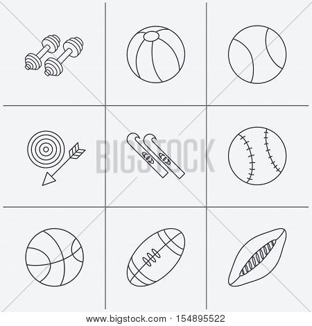 Sport fitness, tennis and basketball icons. Baseball, skis and American footbal signs. Rugby, swimming or pilates ball icons. Linear icons on white background. Vector