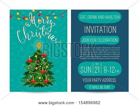 Beautifully decorated with toys, garlands, candles Christmas. Merry Christmas and Happy New Year greetings. Template of christmas party invitation. Design for christmas party invintation. Christmas concept. Ad for christmas party. Merry Christmas