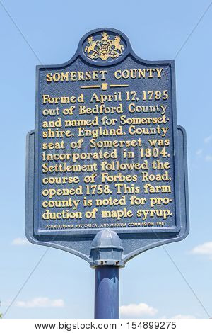 Somerset country Pennsylvania USA- May 19 2014. Street sign information of Somerset city.