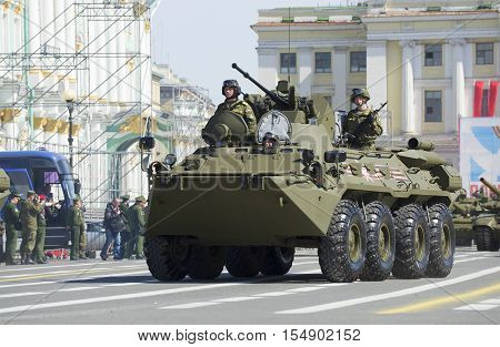 SAINT PETERSBURG, RUSSIA - MAY 05, 2015: The BTR-82A on the March. Rehearsal of parade in honor of Victory Day on Palace square