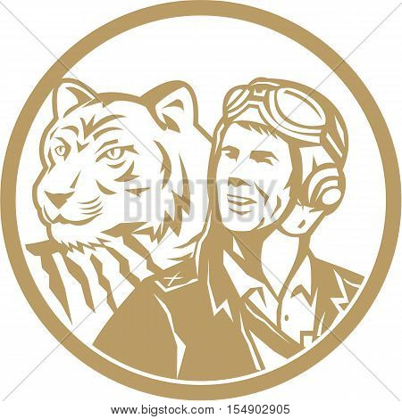 Illustration of a world war two pilot airman aviator and tiger looking to the side set inside circle done in gold retro style.