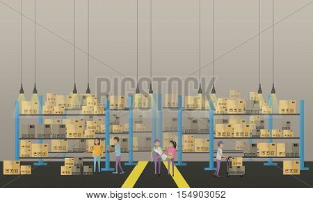 Logistic and delivery service concept banner. Warehouse interior. Vector illustration in flat style design.
