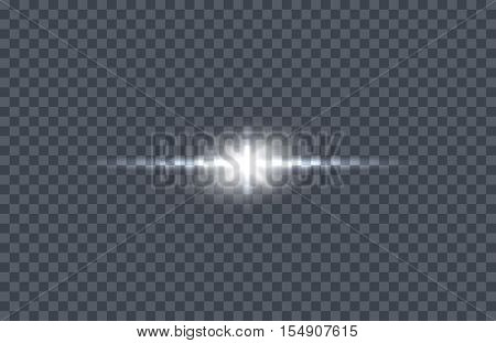 White glowing light burst. Vector illustration on transparent background. Design element with light effect. Horizontal flash light. For space science concepts, night sky, magic light illustrating