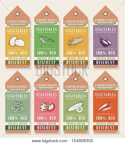 Vegetable seeds packets template. Vegetables tags design elements organic eco food vintage vector