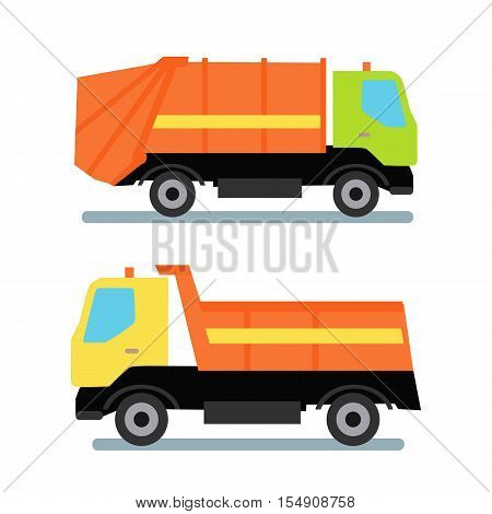 Two orange trucks transportation. Garbage truck with green cabin and orange vehicle. Tipper with yellow cabin and orange vehicle. Truck for assembling and transportation garbage.