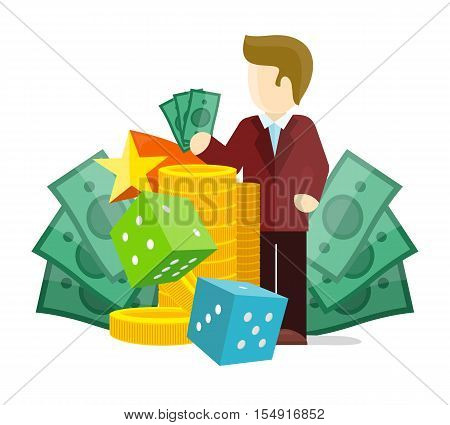 Gambling concept vector in flat style. Dice, money, croupier, winner, gold cions illustrations for gambling industry, sport lottery services, icons, web pages, logo design. On white background.