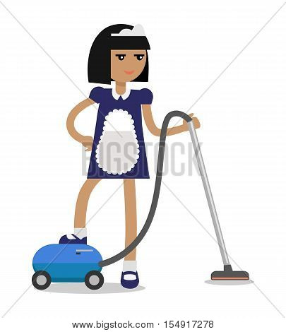 House cleaning personnel vector concept. Flat design. Smiling maid in uniform working with vacuum cleaner. Illustration for cleaning companies and services advertising. Isolated on white background.