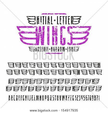 Narrow sanserif font with shabby texture. Decorative initial letter wings for emblem and labels. Isolated on white background