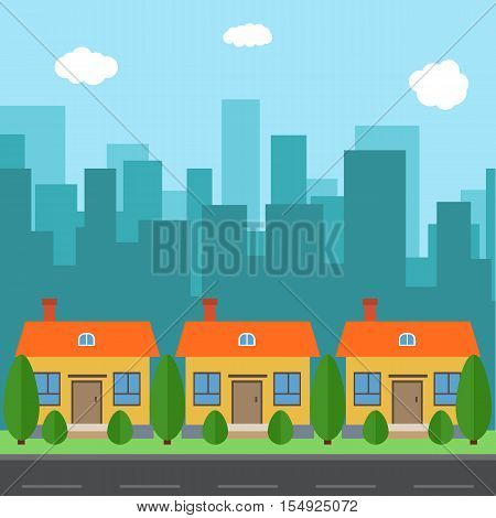Vector city with cartoon houses and buildings. City space with road on flat syle background concept. Summer urban landscape. Street view with cityscape on a background