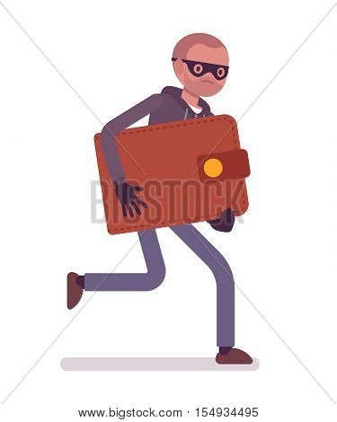 Thief in a black mask stole wallet and is running away. Cartoon vector flat-style concept illustration