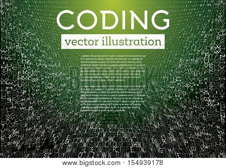 Abstract Green Technology Background with Different Letters. Hacker concept. Big Data Visualization. Vector Illustration.