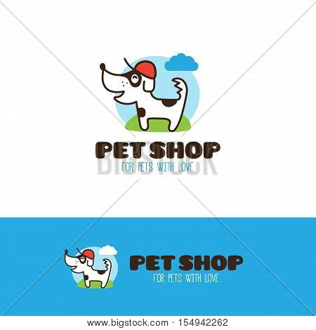 Vector cartoon little dog logo. Pet shop or veterinary clinic logo with cute line style dog mascot