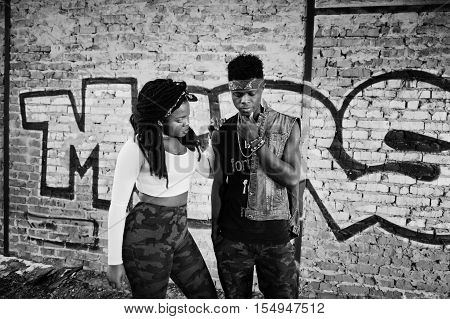 Couple Of Hip-hop Afroamerican On Undergraund. Black And White Photo