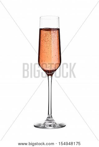 Glass of pink rose champagne with bubbles on white background isolated