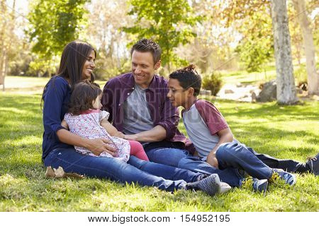 Asian Caucasian mixed race family sitting on grass in a park