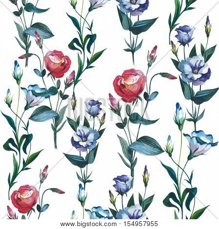 Wildflower Eustoma flower pattern in a watercolor style isolated. Full name of the plant: Eustoma russellianum. Aquarelle wild flower for background, texture, wrapper pattern, frame or border.