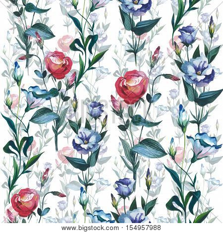 Wildflower Eustoma flower pattern in a watercolor style isolated. Full name of the plant: Eustoma russellianum. Aquarelle wild flower for background, texture, wrapper pattern, frame or border.