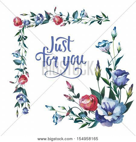 Wildflower Eustoma flower frame in a watercolor style isolated. Full name of the plant: Eustoma russellianum. Aquarelle wild flower for background, texture, wrapper pattern, frame or border.