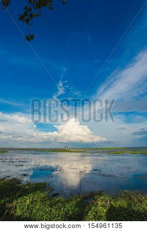 Beautiful view of the lake Phatthalung. sunny day evening Clouds reflected on the lakeThailand