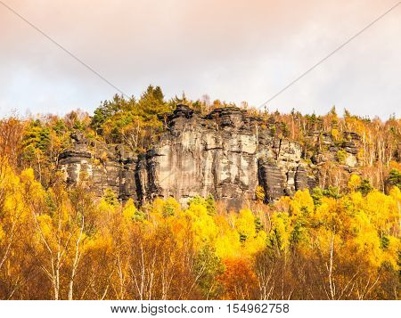 Sandstone rock formation in the middle of colorful autumn forest. Dramatic evening view. Tisa Rocks, aka Tiske Walls, Czech-Saxon Switzerland, Czech Republic