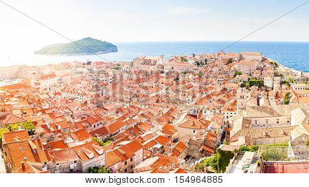 Dubrovnik old town roofs. Aerial view. Cityscape of Dubrovnik with bird's eye view. Travel to Croatia